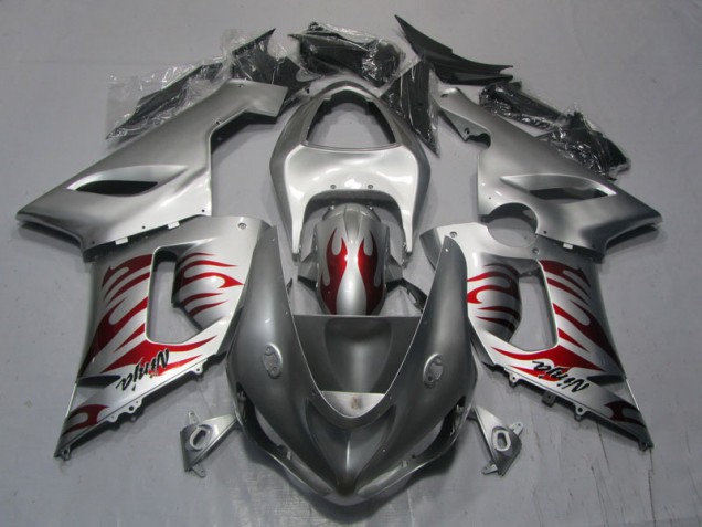 Argent Rouge Flamme Ninja Carénage Kawasaki ZX6R 05-06